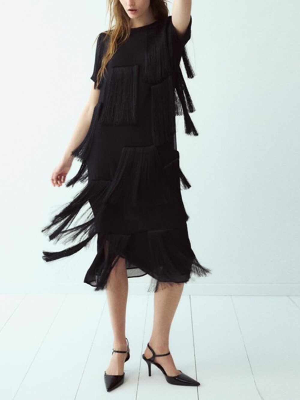 NWOT Zara Black Fringed Midi Dress - Picture 4 of 16